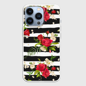Чехол для iPhone 13 Pro с принтом Розы и орхидеи ,  |  | flowers | orchi | roses | белый | букеты | графика | зелёный | искусство | картинка | красивый | красный | крутой | листья | мода | модный | молодёжная | орнамент | орхидеи | полосы | рисунок | розы | рукоделие