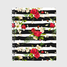 Тетрадь с принтом Розы и орхидеи , 100% бумага | 48 листов, плотность листов — 60 г/м2, плотность картонной обложки — 250 г/м2. Листы скреплены сбоку удобной пружинной спиралью. Уголки страниц и обложки скругленные. Цвет линий — светло-серый
 | flowers | orchi | roses | белый | букеты | графика | зелёный | искусство | картинка | красивый | красный | крутой | листья | мода | модный | молодёжная | орнамент | орхидеи | полосы | рисунок | розы | рукоделие