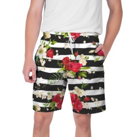 Мужские шорты 3D с принтом Розы и орхидеи ,  полиэстер 100% | прямой крой, два кармана без застежек по бокам. Мягкая трикотажная резинка на поясе, внутри которой широкие завязки. Длина чуть выше колен | flowers | orchi | roses | белый | букеты | графика | зелёный | искусство | картинка | красивый | красный | крутой | листья | мода | модный | молодёжная | орнамент | орхидеи | полосы | рисунок | розы | рукоделие