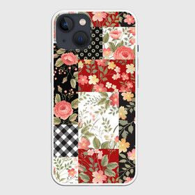 Чехол для iPhone 13 с принтом Лоскутный орнамент ,  |  | branches | flor | flowers | leaves | ветки | геометрический | горошек | графика | искусство | картинка | клетка | красивый | крутой | листья | мода | модный | молодёжная | орнамент | рисунок | розы | рукоделие | стиль