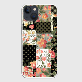 Чехол для iPhone 13 с принтом Лоскутный орнамент ,  |  | branches | flor | flowers | leaves | ветки | геометрический | горошек | графика | искусство | картинка | клетка | красивый | крутой | листья | мода | модный | молодёжная | орнамент | рисунок | розы | рукоделие | стиль