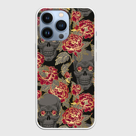 Чехол для iPhone 13 Pro с принтом Черепа и розы ,  |  | взгляд | графика | день мертвых | знак | искусство | картинка | кость | красивый | крутой | мексика | мода | модный | молодёжная | орнамент | рисунок | розы | рукоделие | символ | скелет | стиль