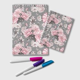 Блокнот с принтом Розовые розы , 100% бумага | 48 листов, плотность листов — 60 г/м2, плотность картонной обложки — 250 г/м2. Листы скреплены удобной пружинной спиралью. Цвет линий — светло-серый
 | bouquets | color | gray | leave | lowers | ornament | patterns | pink | roses | букеты | графика | искусство | картинка | красивый | крутой | листья | мода | модный | молодёжная | орнамент | рисунок | розовые | розы | рукоделие | серый