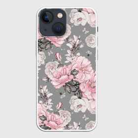 Чехол для iPhone 13 mini с принтом Розовые розы ,  |  | bouquets | color | gray | leave | lowers | ornament | patterns | pink | roses | букеты | графика | искусство | картинка | красивый | крутой | листья | мода | модный | молодёжная | орнамент | рисунок | розовые | розы | рукоделие | серый