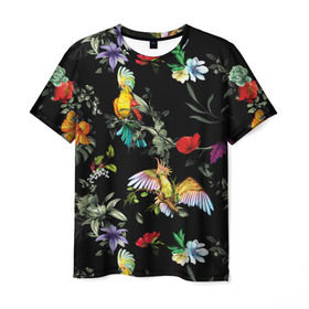 Мужская футболка 3D с принтом Попугаи , 100% полиэфир | прямой крой, круглый вырез горловины, длина до линии бедер | parrots | ветки | графика | джунгли | искусство | картинка | красивый | красный | крутой | листья | мода | модный | молодёжная | орнамент | попугаи | рисунок | розовый | рукоделие | синий | стиль
