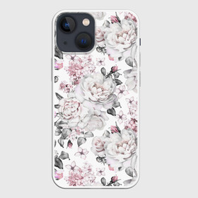 Чехол для iPhone 13 mini с принтом Белые розы ,  |  | bouquets | color | gray | leave | lowers | ornament | patterns | pink | roses | букеты | графика | искусство | картинка | красивый | крутой | листья | мода | модный | молодёжная | орнамент | рисунок | розовые | розы | рукоделие | серый