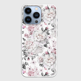 Чехол для iPhone 13 Pro с принтом Белые розы ,  |  | bouquets | color | gray | leave | lowers | ornament | patterns | pink | roses | букеты | графика | искусство | картинка | красивый | крутой | листья | мода | модный | молодёжная | орнамент | рисунок | розовые | розы | рукоделие | серый