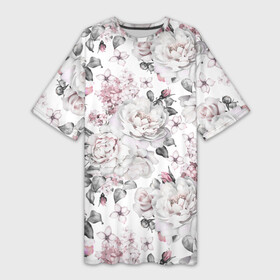 Платье-футболка 3D с принтом Белые розы ,  |  | bouquets | color | gray | leave | lowers | ornament | patterns | pink | roses | букеты | графика | искусство | картинка | красивый | крутой | листья | мода | модный | молодёжная | орнамент | рисунок | розовые | розы | рукоделие | серый