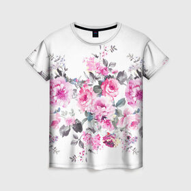 Женская футболка 3D с принтом Розовые розы , 100% полиэфир ( синтетическое хлопкоподобное полотно) | прямой крой, круглый вырез горловины, длина до линии бедер | bouquets | color | gray | leave | lowers | ornament | patterns | pink | roses | букеты | графика | искусство | картинка | красивый | крутой | листья | мода | модный | молодёжная | орнамент | рисунок | розовые | розы | рукоделие | серый