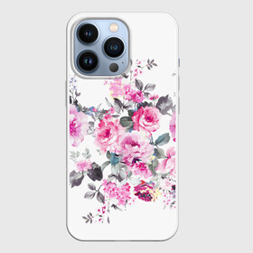 Чехол для iPhone 13 Pro с принтом Розовые розы ,  |  | bouquets | color | gray | leave | lowers | ornament | patterns | pink | roses | букеты | графика | искусство | картинка | красивый | крутой | листья | мода | модный | молодёжная | орнамент | рисунок | розовые | розы | рукоделие | серый