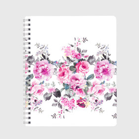 Тетрадь с принтом Розовые розы , 100% бумага | 48 листов, плотность листов — 60 г/м2, плотность картонной обложки — 250 г/м2. Листы скреплены сбоку удобной пружинной спиралью. Уголки страниц и обложки скругленные. Цвет линий — светло-серый
 | bouquets | color | gray | leave | lowers | ornament | patterns | pink | roses | букеты | графика | искусство | картинка | красивый | крутой | листья | мода | модный | молодёжная | орнамент | рисунок | розовые | розы | рукоделие | серый