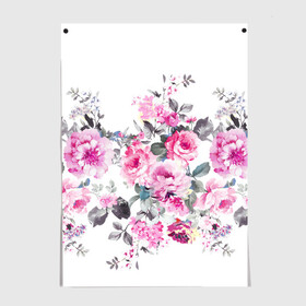 Постер с принтом Розовые розы  , 100% бумага
 | бумага, плотность 150 мг. Матовая, но за счет высокого коэффициента гладкости имеет небольшой блеск и дает на свету блики, но в отличии от глянцевой бумаги не покрыта лаком | bouquets | color | gray | leave | lowers | ornament | patterns | pink | roses | букеты | графика | искусство | картинка | красивый | крутой | листья | мода | модный | молодёжная | орнамент | рисунок | розовые | розы | рукоделие | серый