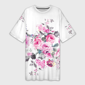 Платье-футболка 3D с принтом Розовые розы ,  |  | bouquets | color | gray | leave | lowers | ornament | patterns | pink | roses | букеты | графика | искусство | картинка | красивый | крутой | листья | мода | модный | молодёжная | орнамент | рисунок | розовые | розы | рукоделие | серый