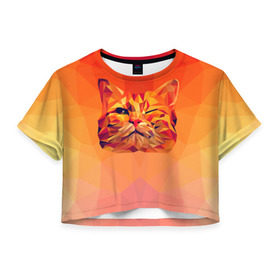 Женская футболка 3D укороченная с принтом Подмигивающий кот (Low Poly) , 100% полиэстер | круглая горловина, длина футболки до линии талии, рукава с отворотами | cat | fox | kitty | low | lowpoly | poly | веселая | геометрия | грозовой кошак | желтая | кот | котейка | котофей | кошак | лиса | любителям кошек | низкополигональный | позитив | прикольная | рисунок | рыжая | узор