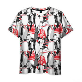 Мужская футболка 3D с принтом Пингвины , 100% полиэфир | прямой крой, круглый вырез горловины, длина до линии бедер | аниме | антарктида | графика | греются | зима | искусство | картинка | красивый | крутой | м | мода | модный | молодёжная | новый год | орнамент | пингвины | полоски | праздник | птицы | рисунок