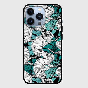 Чехол для iPhone 13 Pro с принтом Хамелеоны ,  |  | branches | chameleons | fash | greens | lizards | nature | trees | youth | ветки | графика | деревья | зелень | искусство | картинка | крутой | лучший | мода | модный | молодёжная | природа | рисунок | стиль | творчество | фон