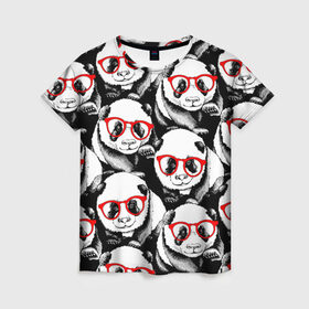 Женская футболка 3D с принтом Панды в красных очках , 100% полиэфир ( синтетическое хлопкоподобное полотно) | прямой крой, круглый вырез горловины, длина до линии бедер | animals | bears | funny | head | muzzl | pandas | red | весёлые | взгляд | голова | графика | животные | искусство | картинка | красивый | красные | крутой | медведи | мода | модный | молодёжная | очки | панды | рисунок
