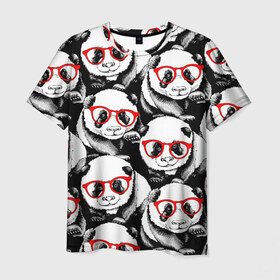 Мужская футболка 3D с принтом Панды в красных очках , 100% полиэфир | прямой крой, круглый вырез горловины, длина до линии бедер | Тематика изображения на принте: animals | bears | funny | head | muzzl | pandas | red | весёлые | взгляд | голова | графика | животные | искусство | картинка | красивый | красные | крутой | медведи | мода | модный | молодёжная | очки | панды | рисунок