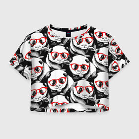 Женская футболка Cropp-top с принтом Панды в красных очках , 100% полиэстер | круглая горловина, длина футболки до линии талии, рукава с отворотами | animals | bears | funny | head | muzzl | pandas | red | весёлые | взгляд | голова | графика | животные | искусство | картинка | красивый | красные | крутой | медведи | мода | модный | молодёжная | очки | панды | рисунок