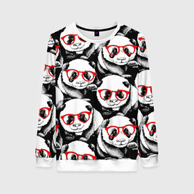 Женский свитшот 3D с принтом Панды в красных очках , 100% полиэстер с мягким внутренним слоем | круглый вырез горловины, мягкая резинка на манжетах и поясе, свободная посадка по фигуре | animals | bears | funny | head | muzzl | pandas | red | весёлые | взгляд | голова | графика | животные | искусство | картинка | красивый | красные | крутой | медведи | мода | модный | молодёжная | очки | панды | рисунок