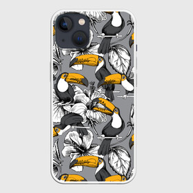 Чехол для iPhone 13 с принтом Туканы ,  |  | background | birds | exotic | flowers | gray | jungle | toucans | woodpeckers | абстракция | графика | джунгли | дятловые | искусство | картинка | коллаж | красивый | крутой | мода | модный | молодёжная | птицы | рисунок | серый | стиль