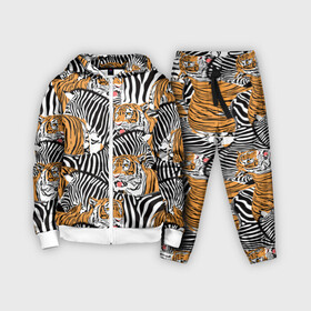 Детский костюм 3D с принтом Тигры и зебры ,  |  | black | orange | stri | white | абстракция | африка | белая | графика | животное | зебры | искусство | картинка | коллаж | красивый | крутой | лошадь | мода | модный | молодёжная | оранжевая | полосы | рисунок