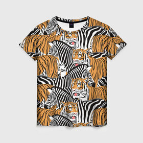 Женская футболка 3D с принтом Тигры и зебры , 100% полиэфир ( синтетическое хлопкоподобное полотно) | прямой крой, круглый вырез горловины, длина до линии бедер | black | orange | stri | white | абстракция | африка | белая | графика | животное | зебры | искусство | картинка | коллаж | красивый | крутой | лошадь | мода | модный | молодёжная | оранжевая | полосы | рисунок