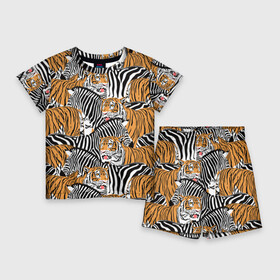 Детский костюм с шортами 3D с принтом Тигры и зебры ,  |  | black | orange | stri | white | абстракция | африка | белая | графика | животное | зебры | искусство | картинка | коллаж | красивый | крутой | лошадь | мода | модный | молодёжная | оранжевая | полосы | рисунок