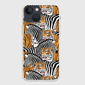 Чехол для iPhone 13 mini с принтом Тигры и зебры ,  |  | Тематика изображения на принте: black | orange | stri | white | абстракция | африка | белая | графика | животное | зебры | искусство | картинка | коллаж | красивый | крутой | лошадь | мода | модный | молодёжная | оранжевая | полосы | рисунок