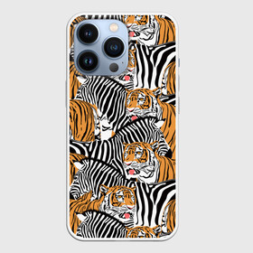 Чехол для iPhone 13 Pro с принтом Тигры и зебры ,  |  | Тематика изображения на принте: black | orange | stri | white | абстракция | африка | белая | графика | животное | зебры | искусство | картинка | коллаж | красивый | крутой | лошадь | мода | модный | молодёжная | оранжевая | полосы | рисунок