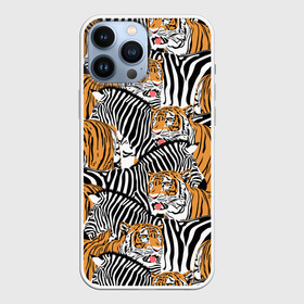 Чехол для iPhone 13 Pro Max с принтом Тигры и зебры ,  |  | Тематика изображения на принте: black | orange | stri | white | абстракция | африка | белая | графика | животное | зебры | искусство | картинка | коллаж | красивый | крутой | лошадь | мода | модный | молодёжная | оранжевая | полосы | рисунок