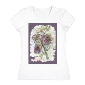 Женская футболка хлопок с принтом Механический цветок , 100% хлопок | прямой крой, круглый вырез горловины, длина до линии бедер, слегка спущенное плечо | steampunk | механика | ретро | рисунок | стимпанк | цветы