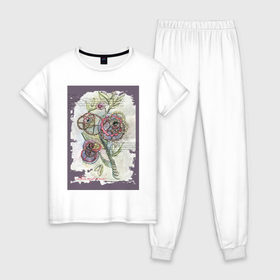 Женская пижама хлопок с принтом Механический цветок , 100% хлопок | брюки и футболка прямого кроя, без карманов, на брюках мягкая резинка на поясе и по низу штанин | steampunk | механика | ретро | рисунок | стимпанк | цветы