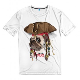 Мужская футболка 3D с принтом Pirate PUG , 100% полиэфир | прямой крой, круглый вырез горловины, длина до линии бедер | drawing | picture | белый | брутальный | взгляд | графика | животное | искусство | картинка | косички | крутой | лучший | модный | мопс | морской | пиратский | платок | порода | разбойник | рисунок | сильный