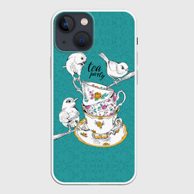 Чехол для iPhone 13 mini с принтом Tea party ,  |  | art | best | c | creativity | drawing | graphics | phontase | picture | белый | блюдца | вечеринка | графика | зелёный | искусство | картинка | кружки | крутой | ложки | лучший | модный | птицы | расписные | рисунок | розы