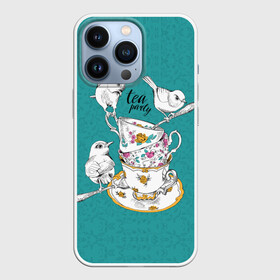 Чехол для iPhone 13 Pro с принтом Tea party ,  |  | art | best | c | creativity | drawing | graphics | phontase | picture | белый | блюдца | вечеринка | графика | зелёный | искусство | картинка | кружки | крутой | ложки | лучший | модный | птицы | расписные | рисунок | розы