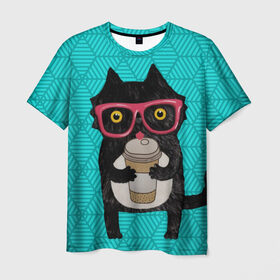 Мужская футболка 3D с принтом Котик с кофе , 100% полиэфир | прямой крой, круглый вырез горловины, длина до линии бедер | Тематика изображения на принте: big | арт | крупные арты | крупные принты | сумасшедшие арты