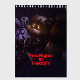 Скетчбук с принтом Five Nights at Freddys , 100% бумага
 | 48 листов, плотность листов — 100 г/м2, плотность картонной обложки — 250 г/м2. Листы скреплены сверху удобной пружинной спиралью | five nights at freddy s | game | horror | игры | механические куклы | ночь | охранник | пять ночей у фредди | светящиеся глаза | ужас