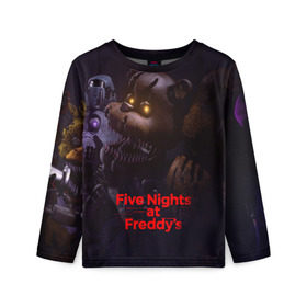 Детский лонгслив 3D с принтом Five Nights at Freddy`s , 100% полиэстер | длинные рукава, круглый вырез горловины, полуприлегающий силуэт
 | five nights at freddy s | game | horror | игры | механические куклы | ночь | охранник | пять ночей у фредди | светящиеся глаза | ужас