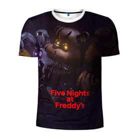 Мужская футболка 3D спортивная с принтом Five Nights at Freddy`s , 100% полиэстер с улучшенными характеристиками | приталенный силуэт, круглая горловина, широкие плечи, сужается к линии бедра | five nights at freddy s | game | horror | игры | механические куклы | ночь | охранник | пять ночей у фредди | светящиеся глаза | ужас