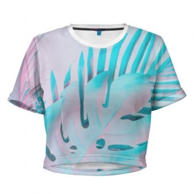 Женская футболка Cropp-top с принтом Тропические листья , 100% полиэстер | круглая горловина, длина футболки до линии талии, рукава с отворотами | 