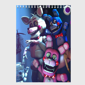 Скетчбук с принтом Five Nights at Freddys , 100% бумага
 | 48 листов, плотность листов — 100 г/м2, плотность картонной обложки — 250 г/м2. Листы скреплены сверху удобной пружинной спиралью | five nights at freddy s | game | horror | игры | механические куклы | ночь | охранник | пять ночей у фредди | светящиеся глаза | ужас