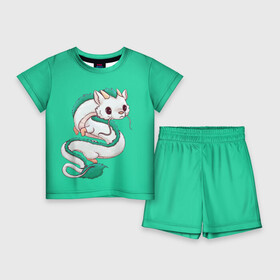 Детский костюм с шортами 3D с принтом Милый дракон Хаку зеленый фон ,  |  | аниме | дракон | унесённые призраками | хаку | хаяо миядзаки | япония