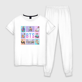 Женская пижама хлопок с принтом BTS , 100% хлопок | брюки и футболка прямого кроя, без карманов, на брюках мягкая резинка на поясе и по низу штанин | bangtan boys | bt21 | bts | bts army | bts stickers | j hope | jimin | jin | jungkook | k pop | rap monster | rapmon | suga | v | бтс | корея | стикеры bts