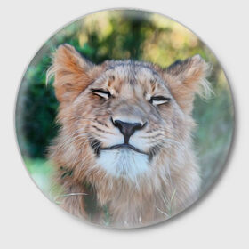 Значок с принтом Улыбка львицы ,  металл | круглая форма, металлическая застежка в виде булавки | Тематика изображения на принте: голова | животные | кот | кошка | лев | лицо | львица | прикол | прикольные | природа | смешные | тигр | тигрица | улыбается | улыбка | юмор
