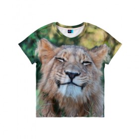 Детская футболка 3D с принтом Улыбка львицы , 100% гипоаллергенный полиэфир | прямой крой, круглый вырез горловины, длина до линии бедер, чуть спущенное плечо, ткань немного тянется | голова | животные | кот | кошка | лев | лицо | львица | прикол | прикольные | природа | смешные | тигр | тигрица | улыбается | улыбка | юмор
