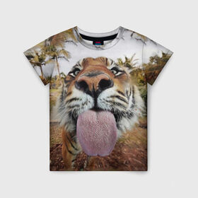Детская футболка 3D с принтом Тигр показывает язык , 100% гипоаллергенный полиэфир | прямой крой, круглый вырез горловины, длина до линии бедер, чуть спущенное плечо, ткань немного тянется | голова | животные | кот | кошка | лев | лицо | прикол | прикольные | природа | смешные 
 животные | тигр | тигрица | юмор | язык