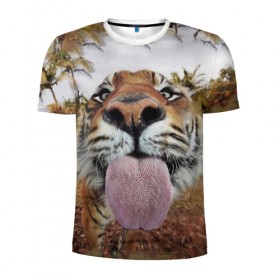 Мужская футболка 3D спортивная с принтом Тигр показывает язык , 100% полиэстер с улучшенными характеристиками | приталенный силуэт, круглая горловина, широкие плечи, сужается к линии бедра | голова | животные | кот | кошка | лев | лицо | прикол | прикольные | природа | смешные 
 животные | тигр | тигрица | юмор | язык