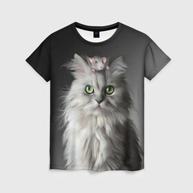 Женская футболка 3D с принтом Кот и мышка , 100% полиэфир ( синтетическое хлопкоподобное полотно) | прямой крой, круглый вырез горловины, длина до линии бедер | животные | кот | котенок | кошка | крыса | мышка | мышь | перс | персидский кот | серый