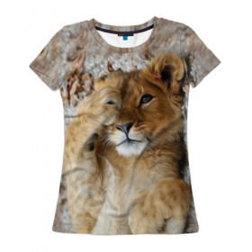 Женская футболка 3D с принтом Львенок , 100% полиэфир ( синтетическое хлопкоподобное полотно) | прямой крой, круглый вырез горловины, длина до линии бедер | дикая кошка | животные | кот | кошка | лев | львенок | львица | мордочка | природа | тигр | хищник
